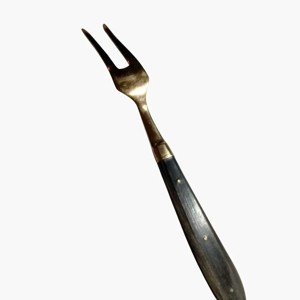 Two Pronged Meat Fork Server Brass Dark Wood Handle Vintage Mid Century Modern